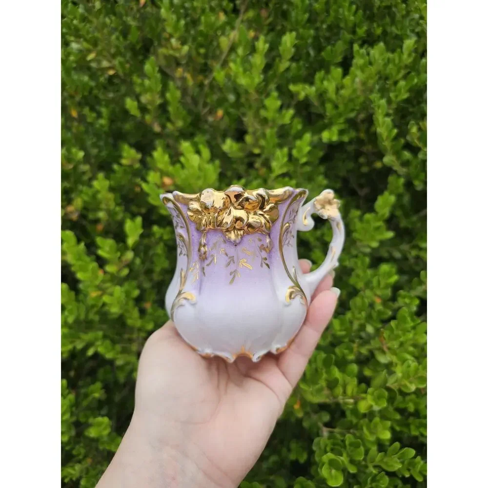 Antique Hand Painted Purple with Gold Gilding Porcelain Shaving Cup